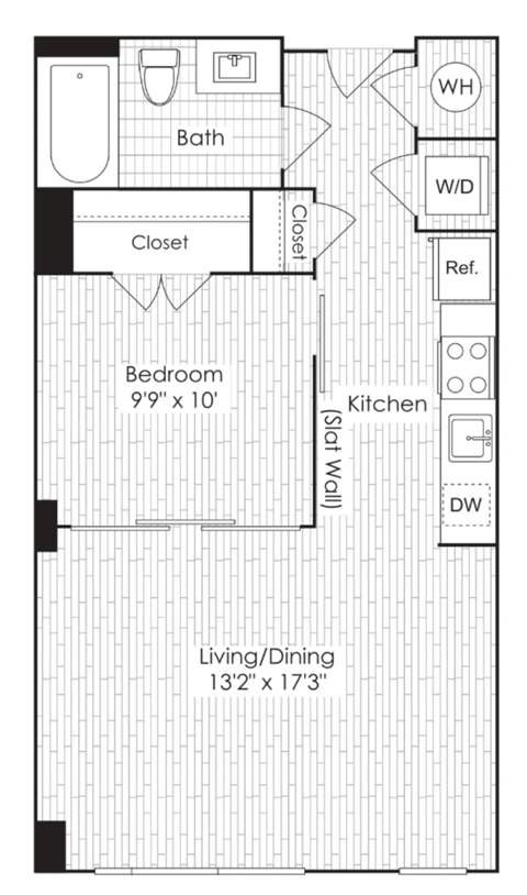 Floor plan for studio, 1 bath, 622 sqft